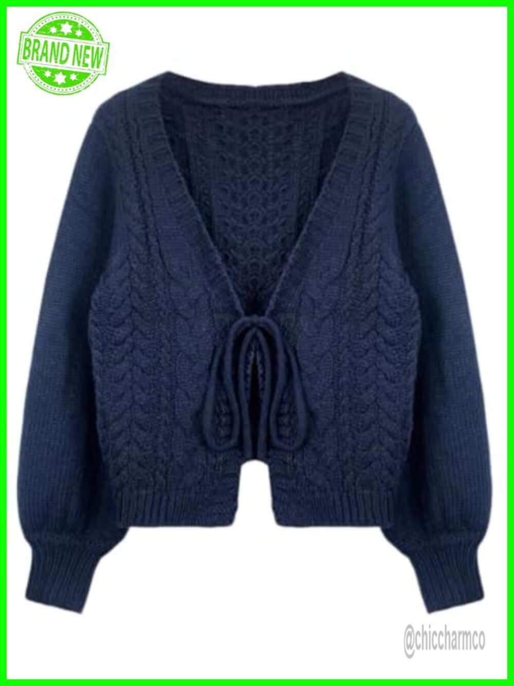 Tie Front Cable Knit Cardigan Sweater Women Deep V-Neck Long Sleeve